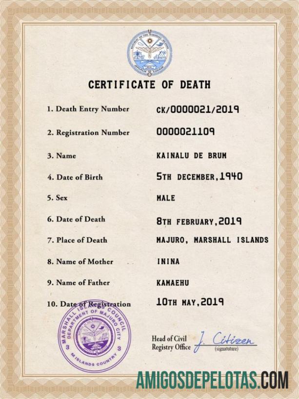 Em branco modelo PSD de certidão de óbito das Ilhas Marshall